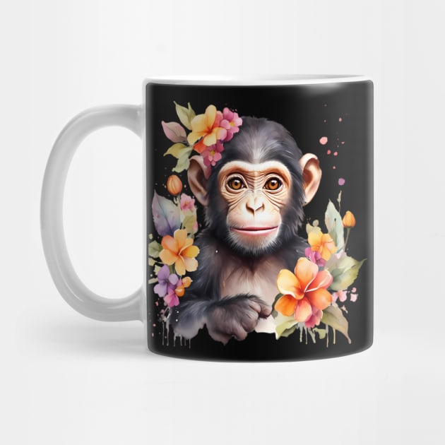 A baby chimpanzee decorated with beautiful watercolor flowers by CreativeSparkzz